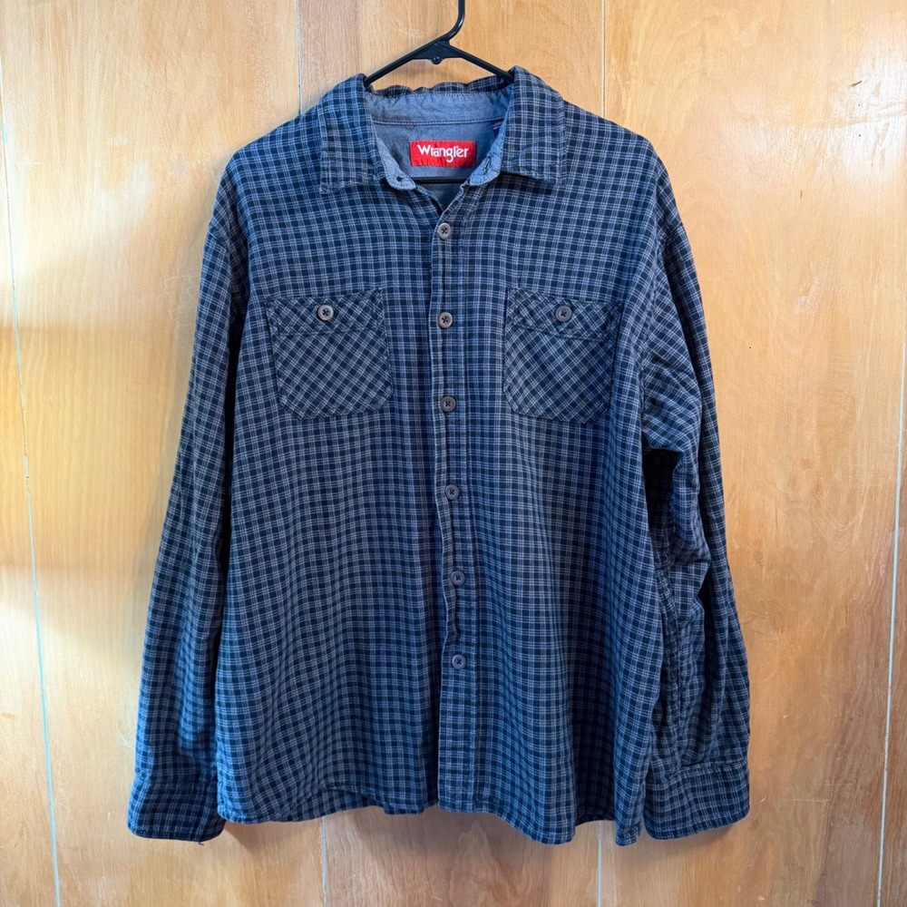 Wrangler Mens Plaid Button Down Shirt Blue‎ Grey 100% Cotton XL